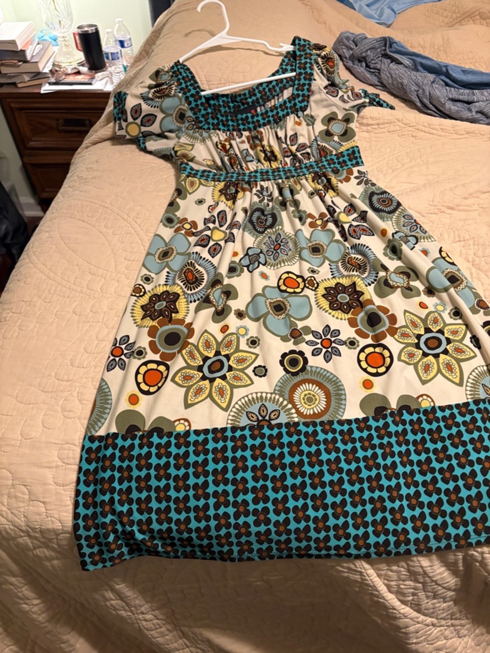 Scarlett Cream Midi Dress with Teal and Brown Floral Print